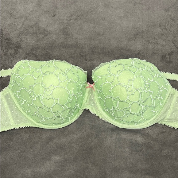 PINK Victoria's Secret Light Green Heart Lace Underwire Bra Pink Accents 38DD - Picture 6 of 12